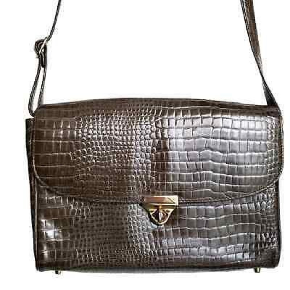 Vtg Crouch & Fitzgerald Taupe Croc Embossed Crossbody Bag